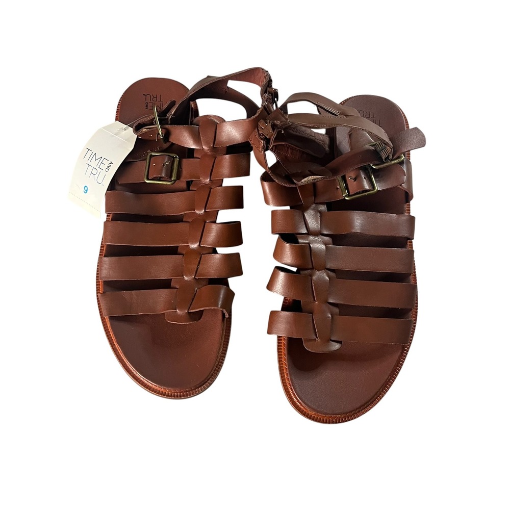 Time and‎ Tru Strappy Gladiator Sandals Women 9 Brown Boho Roman Cage Flat